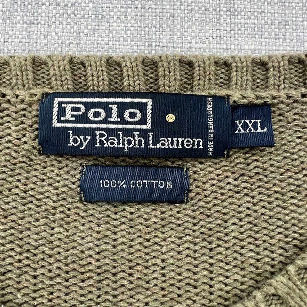 VTG Polo Ralph Lauren V-Neck Sweater Men XXL Olive Green Cotton Knit Ivy Prep